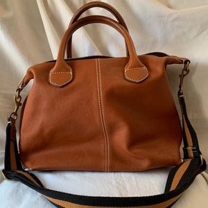G.I.L.I. tan genuine leather purse/bag with webbed crossbody strap